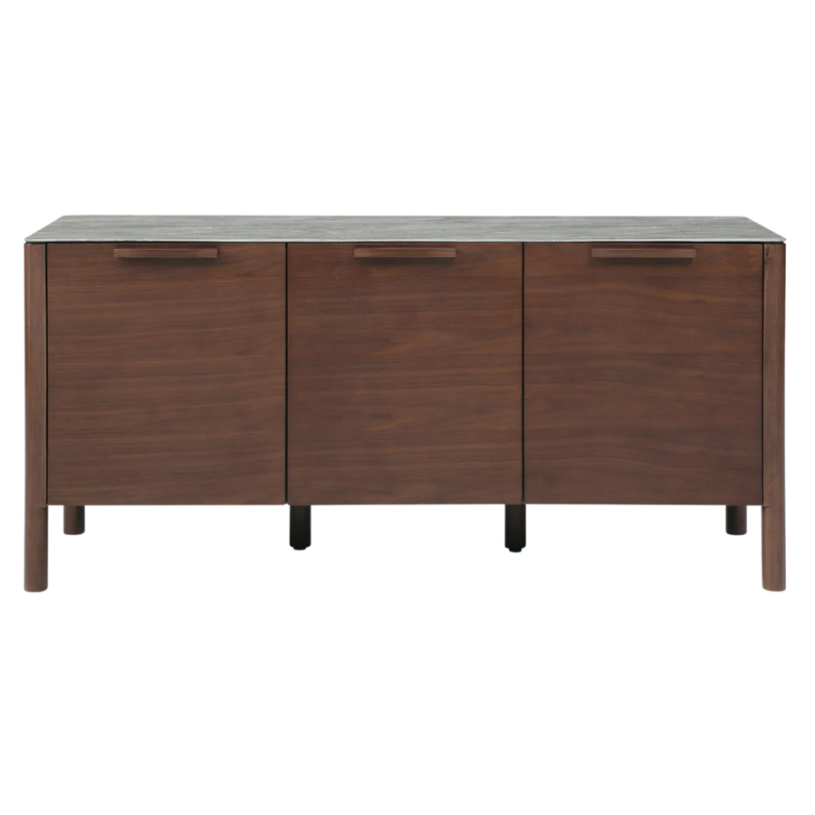 Wooden sideboard with three doors on a white background