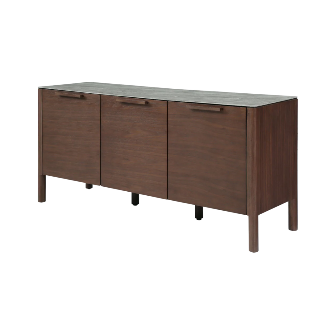 Wooden sideboard with three doors on a white background