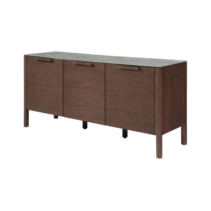 Wooden sideboard with three doors on a white background