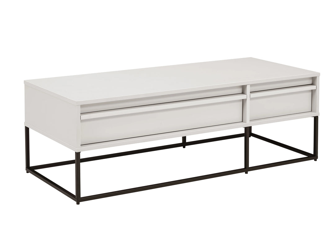 White coffee table with black metal legs on a white background