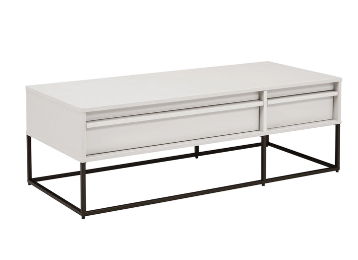 White coffee table with black metal legs on a white background
