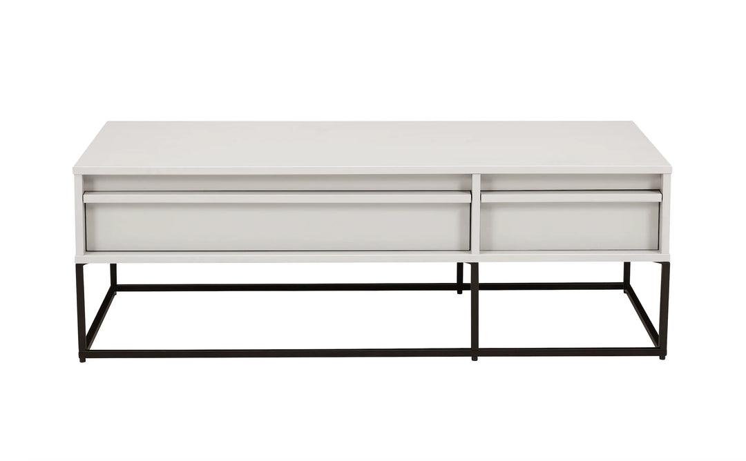 White coffee table with black metal legs on a white background