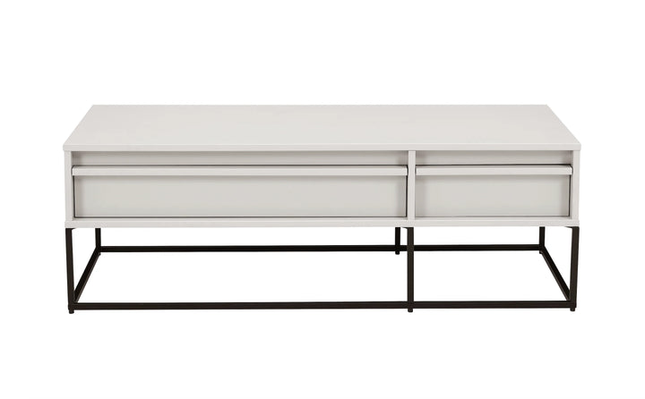 White coffee table with black metal legs on a white background