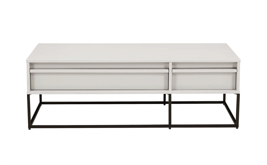 White coffee table with black metal legs on a white background