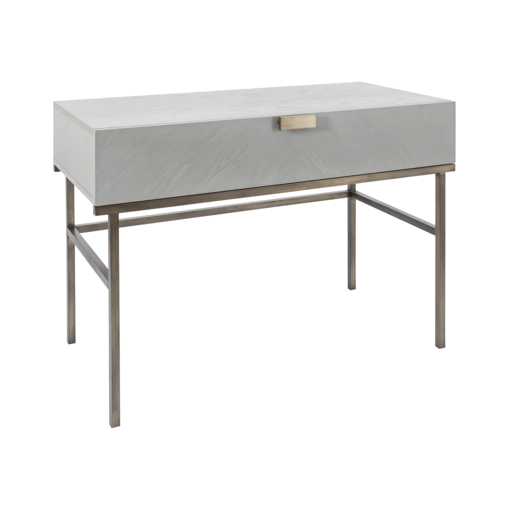 Coffee table with a white marble top and metal frame on a white background