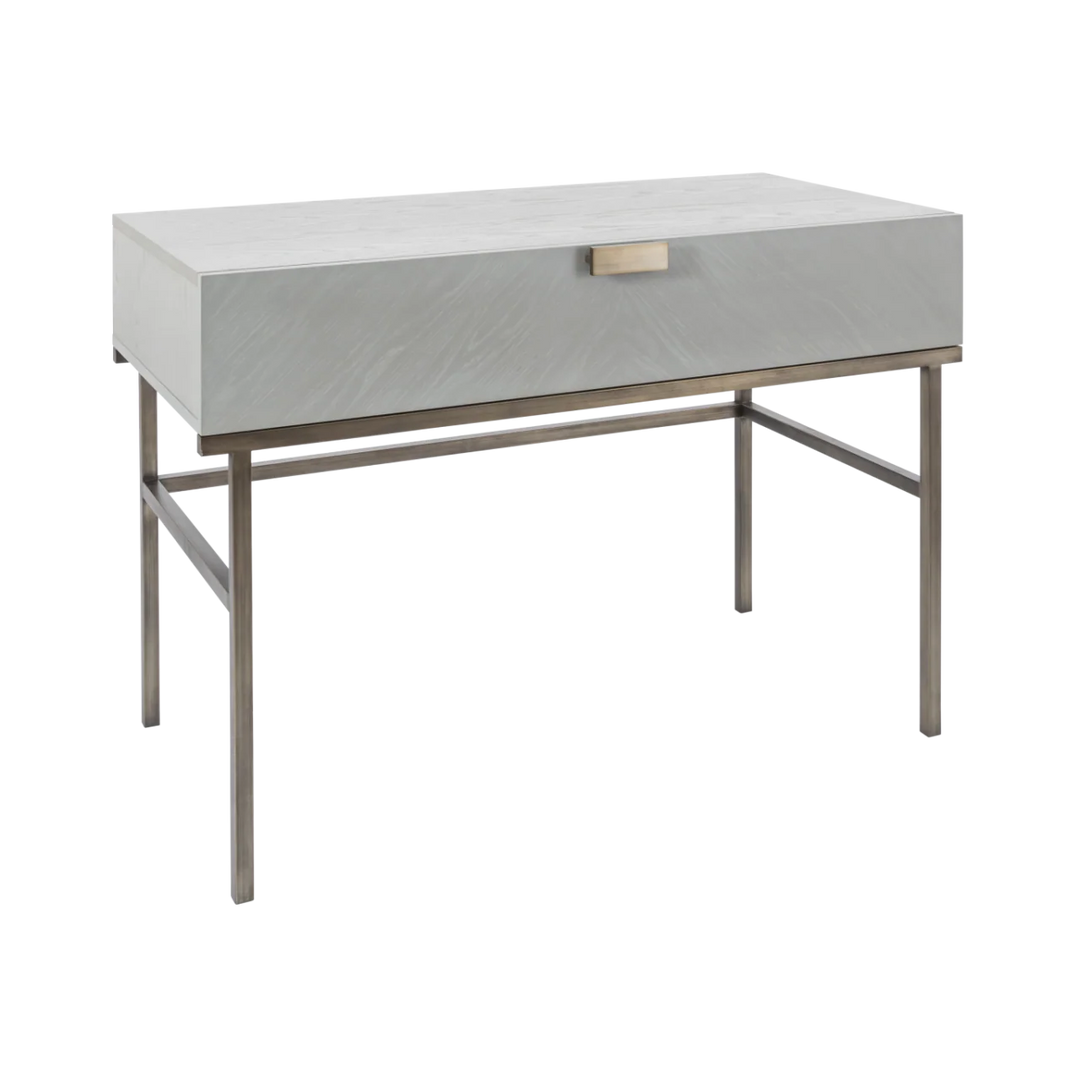 Coffee table with a white marble top and metal frame on a white background