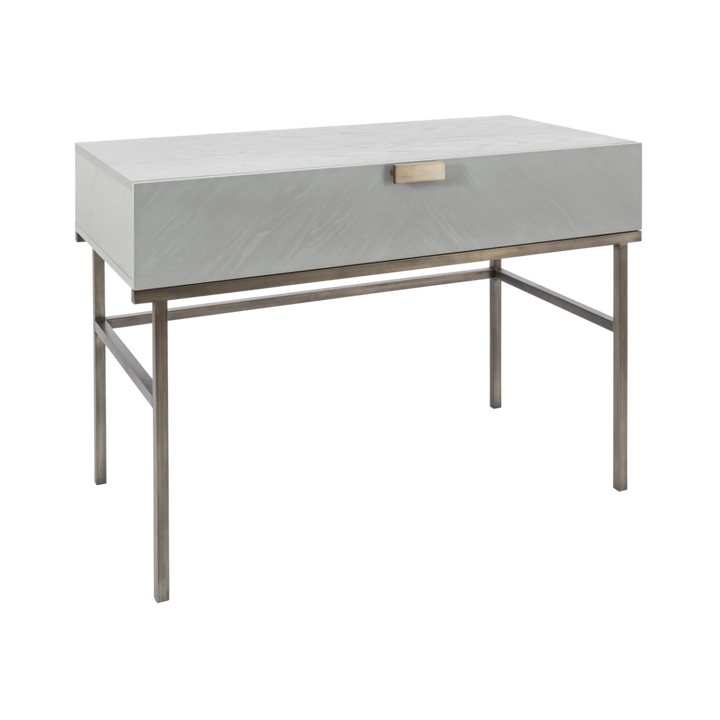 Coffee table with a white marble top and metal frame on a white background