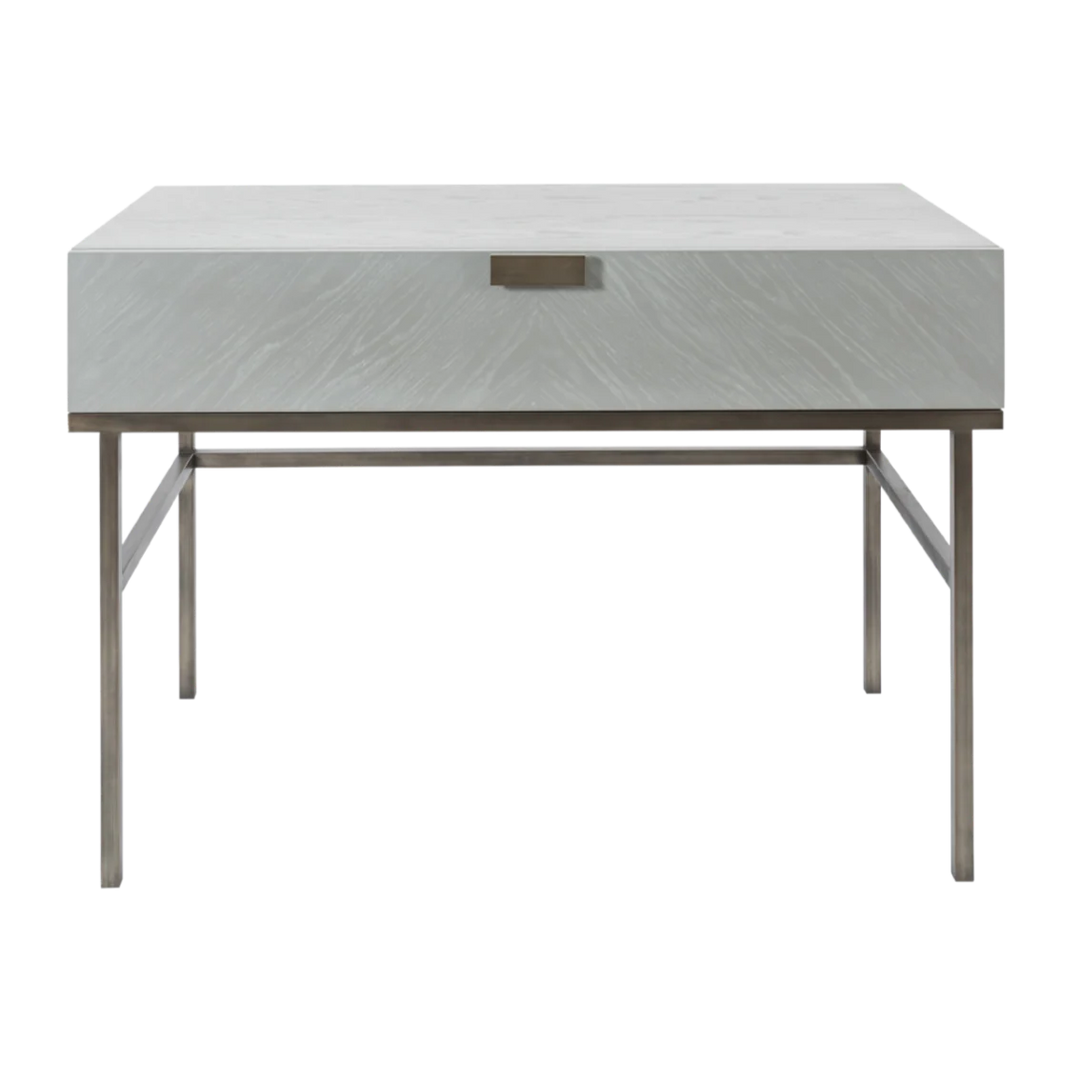 Modern side table with marble-like top and metal frame on a white background