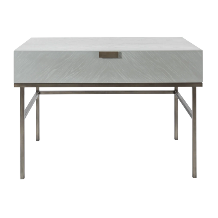 Modern side table with marble-like top and metal frame on a white background
