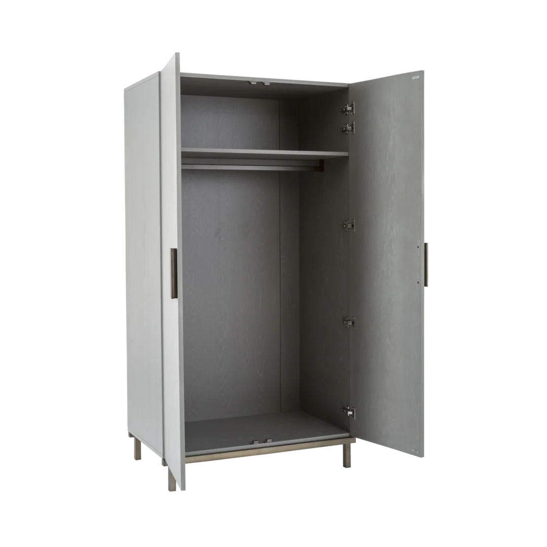Gray metal locker with open doors on a white background