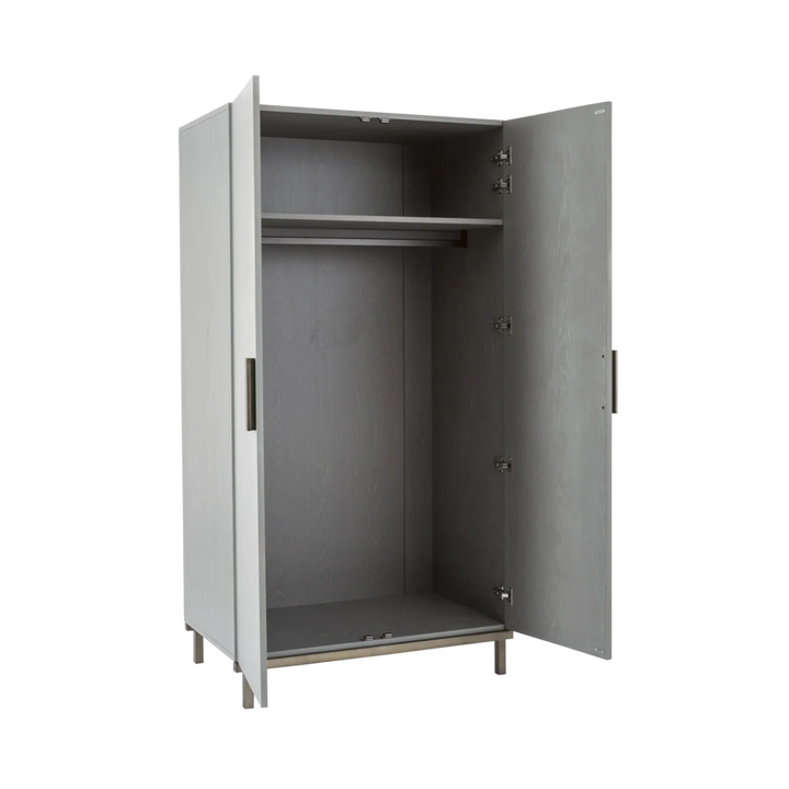 Gray metal locker with open doors on a white background