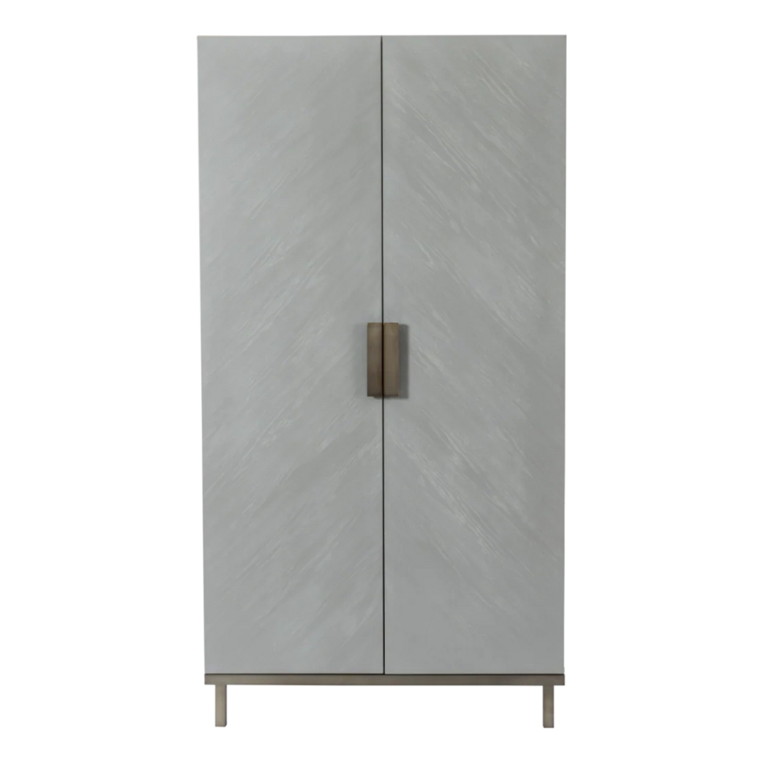 Gray wooden cabinet with a bronze handle on a white background