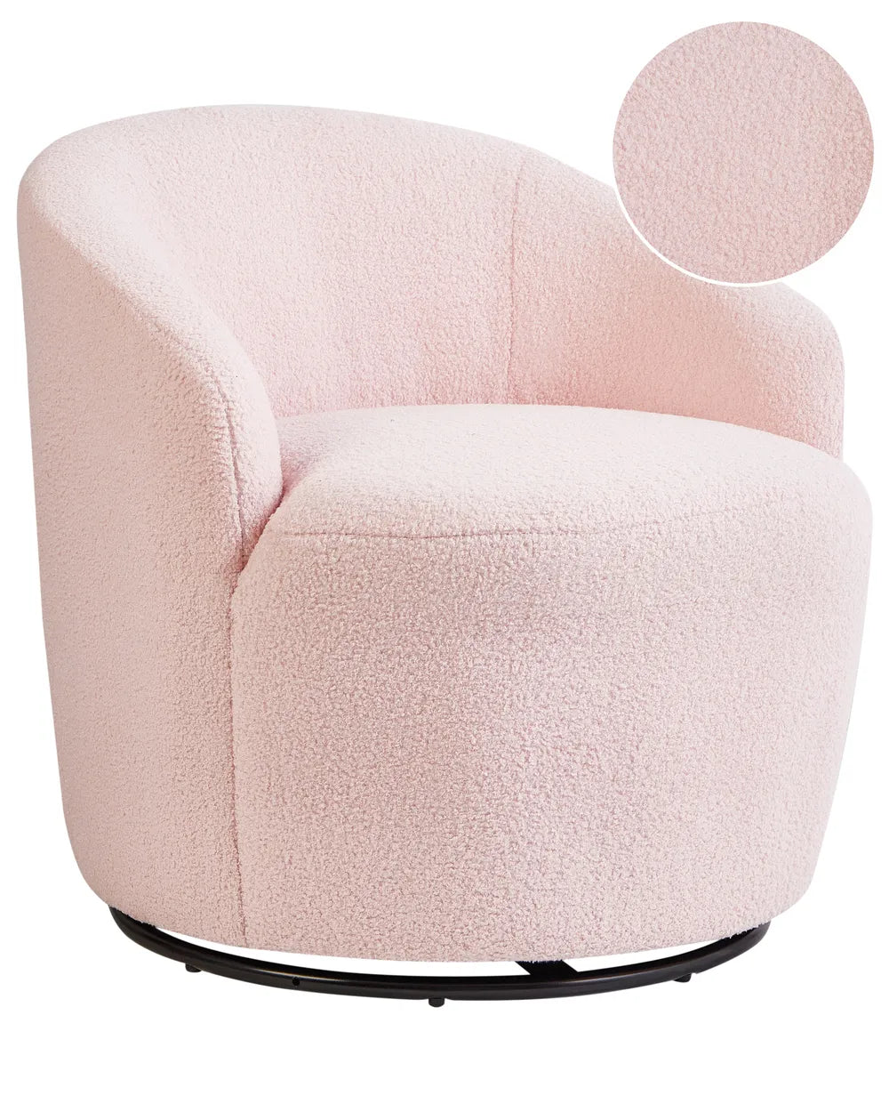 Pink swivel chair with close-up of fabric texture on a white background