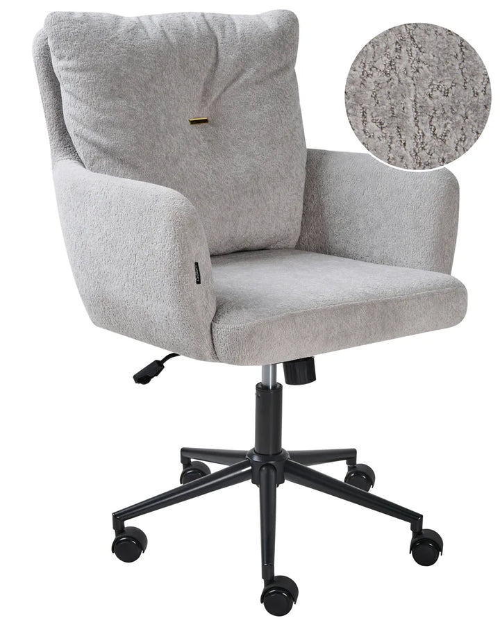 Gray office chair with a close-up of the fabric texture on a white background