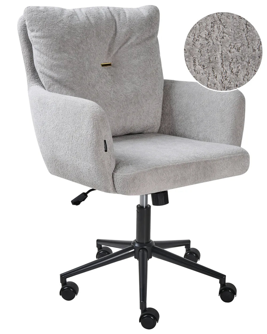 Gray office chair with a close-up of the fabric texture on a white background