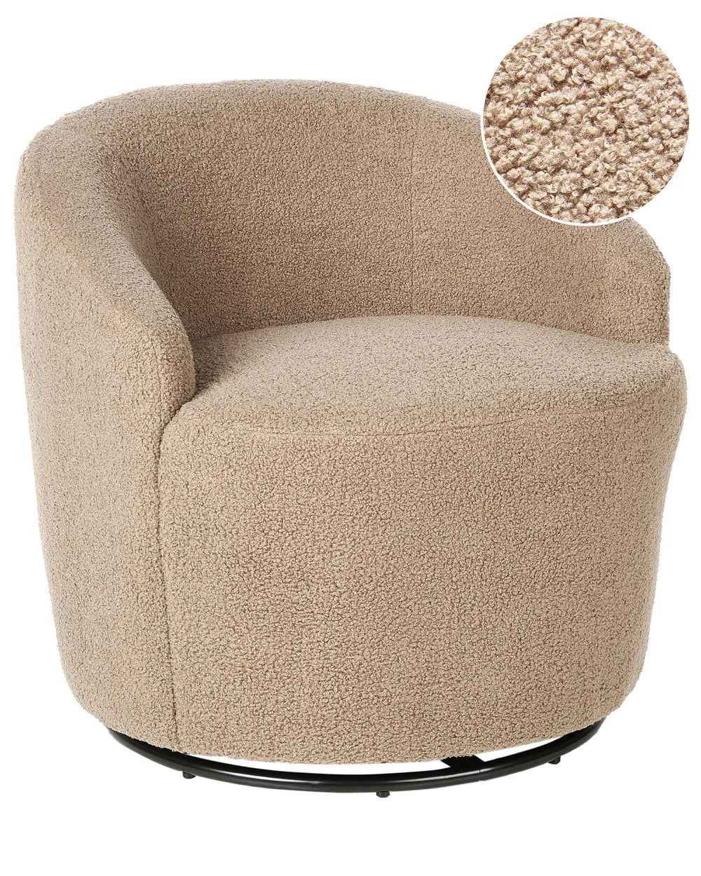 Beige swivel chair with close-up of fabric texture on a white background