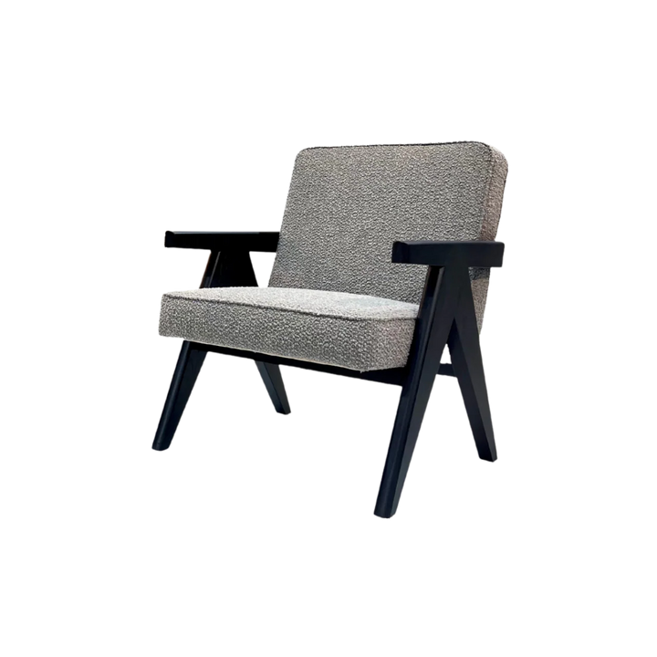 Gray armchair with black wooden legs on a white background