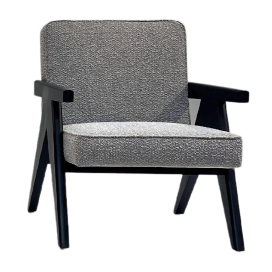 Gray upholstered armchair with black wooden frame on a white background