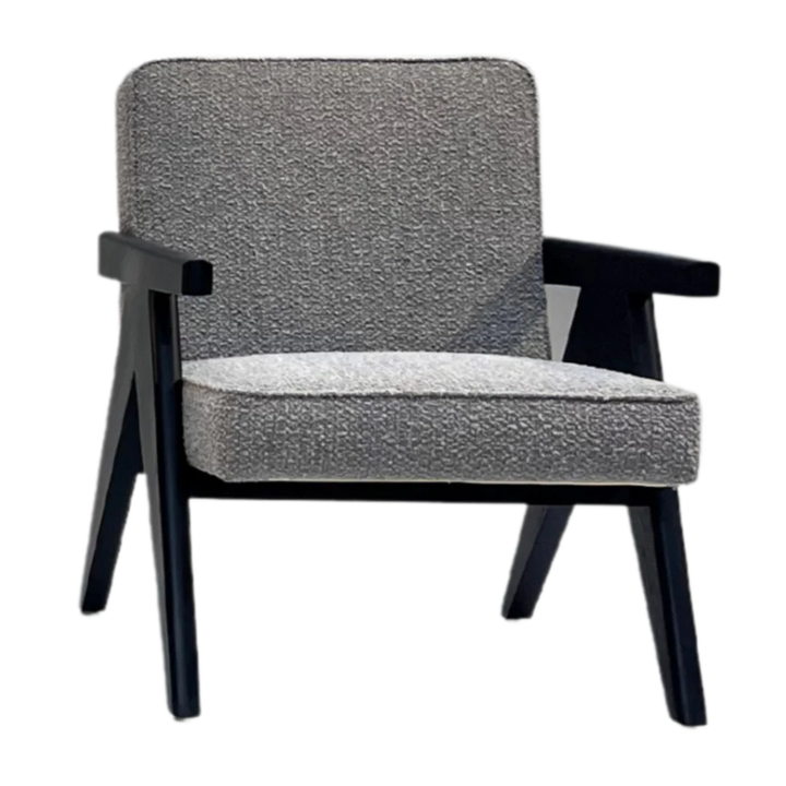 Gray upholstered armchair with black wooden frame on a white background