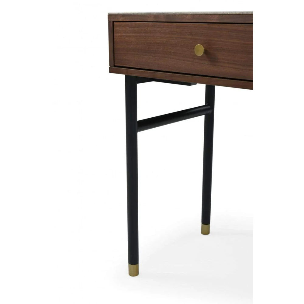 Wooden side table with a drawer and black legs on a white background