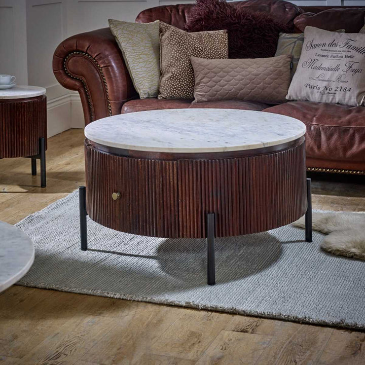 Opal Mango Wood Round Fluted Coffee Table With Marble Top & Metal Legs