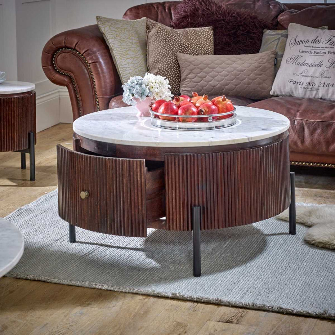 Opal Mango Wood Round Fluted Coffee Table With Marble Top & Metal Legs