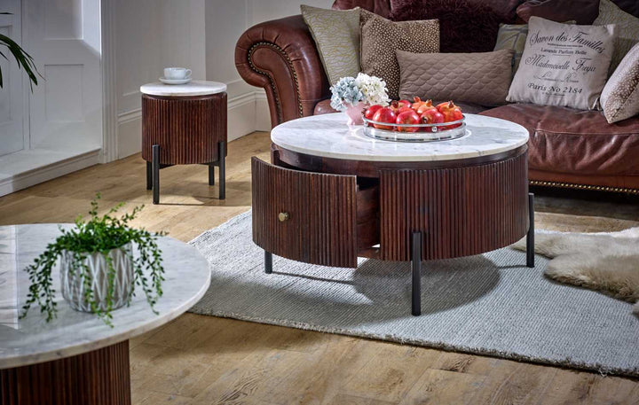 Opal Mango Wood Round Fluted Coffee Table With Marble Top & Metal Legs