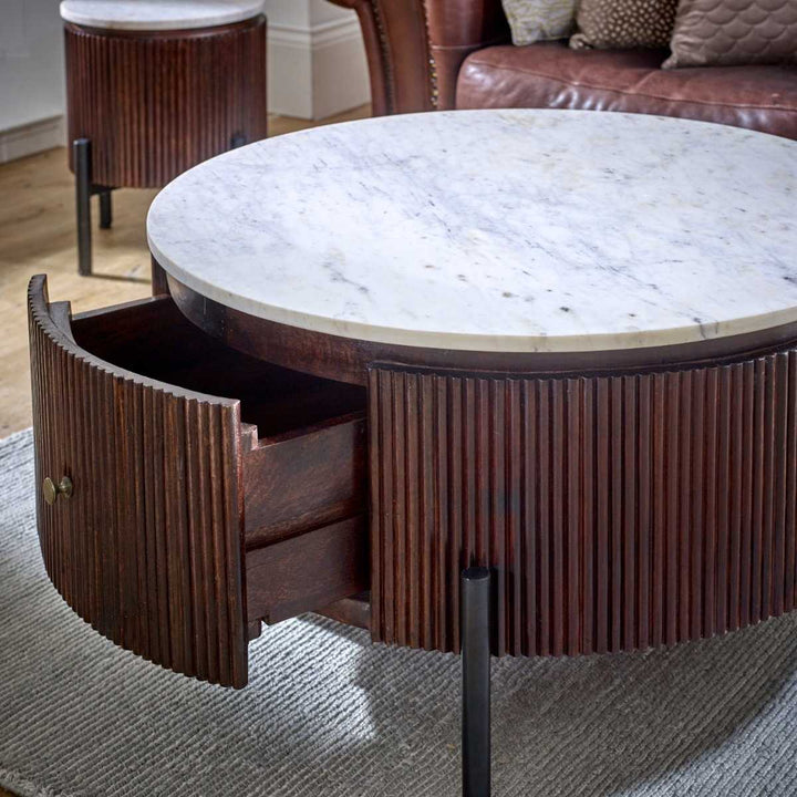 Opal Mango Wood Round Fluted Coffee Table With Marble Top & Metal Legs