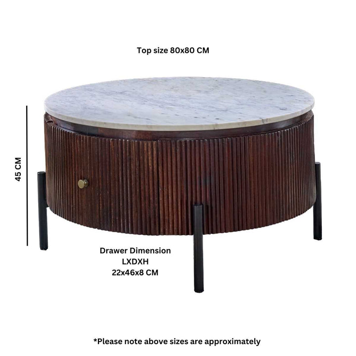 Opal Mango Wood Round Fluted Coffee Table With Marble Top & Metal Legs