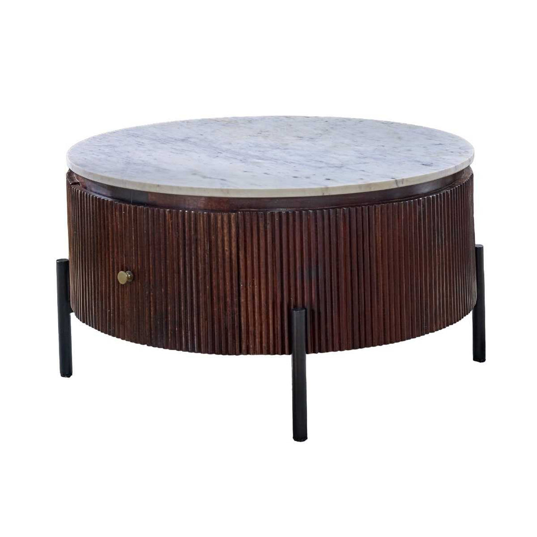 Opal Mango Wood Round Fluted Coffee Table With Marble Top & Metal Legs