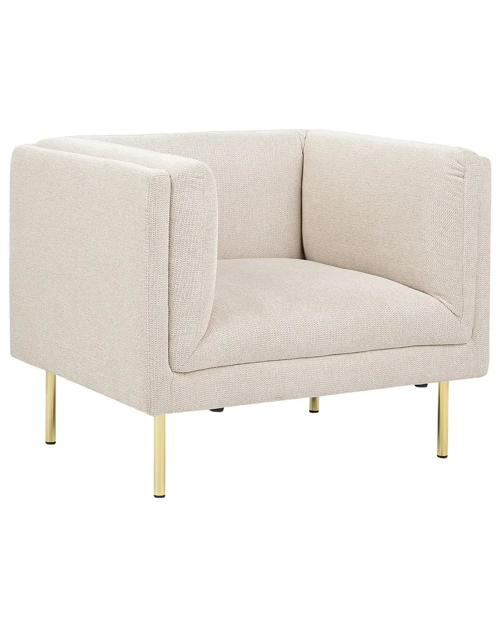 Beige armchair with gold legs on a white background