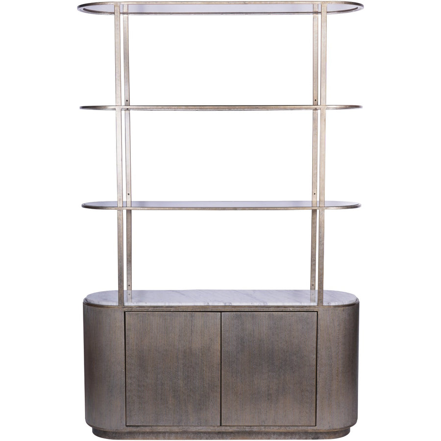 Decorative shelf with glass shelves and wooden base on a white background