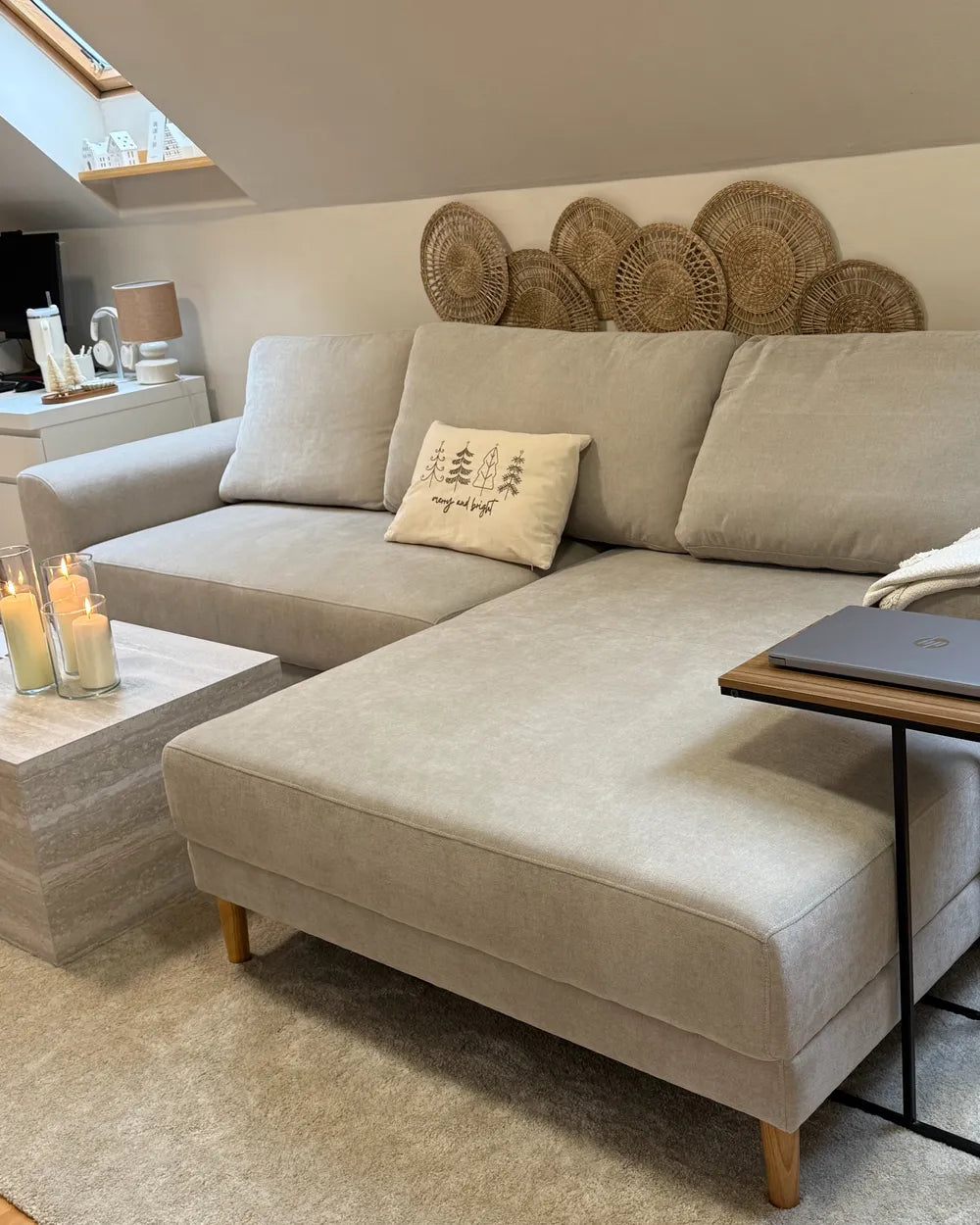 Corner Sofa Bed 3 Seater Chenille Light Beige Left Hand Keshvi