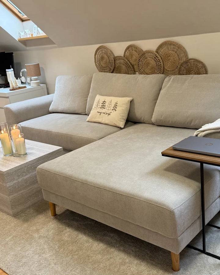 Corner Sofa Bed 3 Seater Chenille Light Beige Left Hand Keshvi
