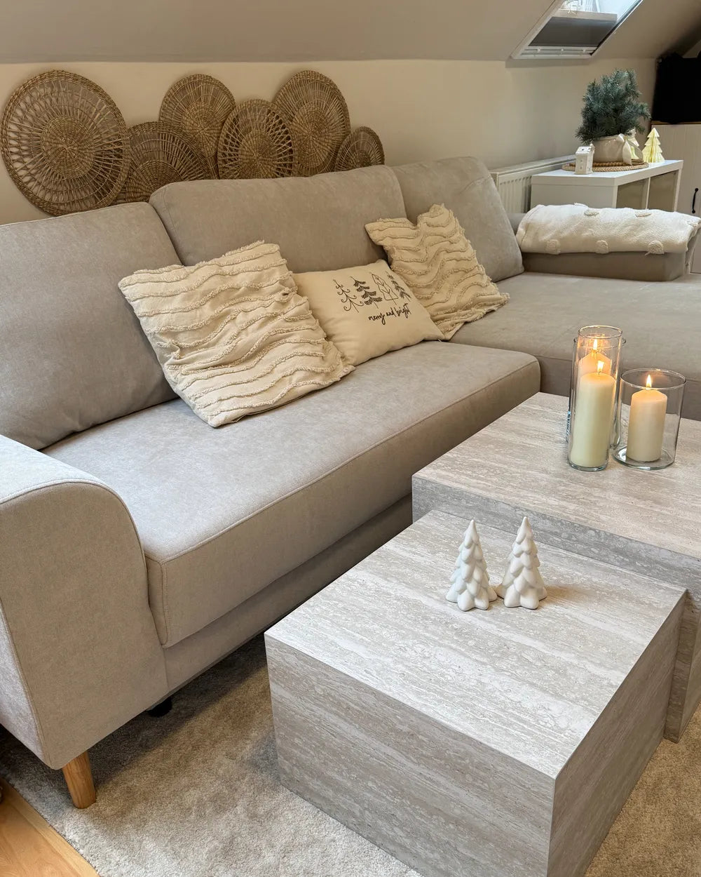 Corner Sofa Bed 3 Seater Chenille Light Beige Left Hand Keshvi