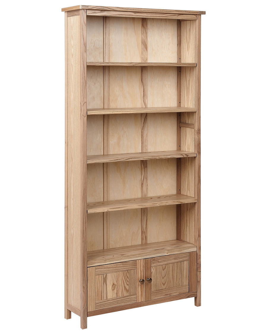 Wooden bookshelf with five shelves and two doors on a white background