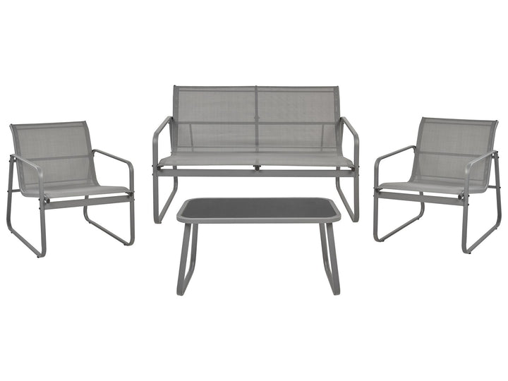 Outdoor furniture set with two chairs and a bench on a white background