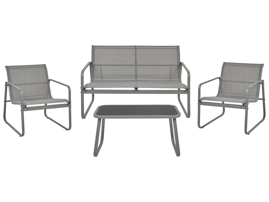 Outdoor furniture set with two chairs and a bench on a white background