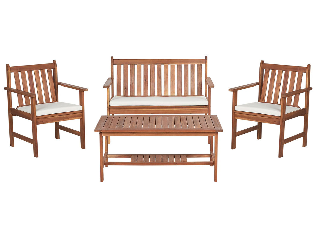 Wooden outdoor furniture set with two chairs, a sofa, and a table on a white background