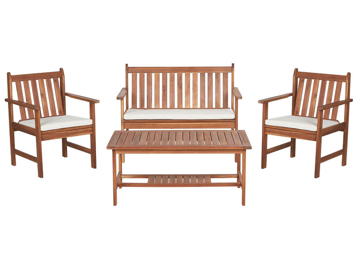 Wooden outdoor furniture set with two chairs, a sofa, and a table on a white background