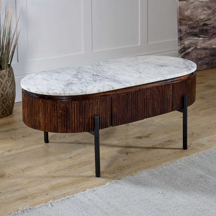 Opal Mango Wood Rectangular Fluted Coffee Table With Marble Top & Metal Legs