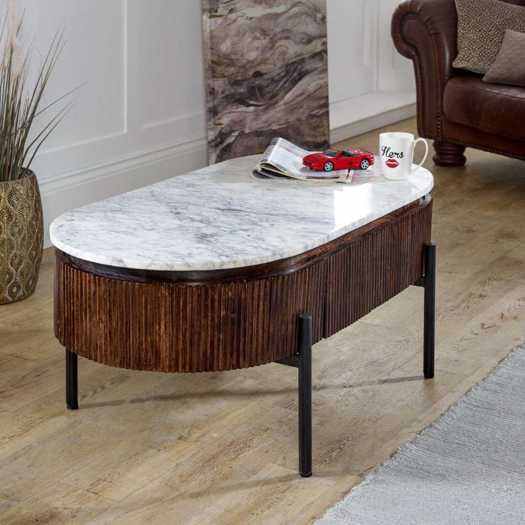 Opal Mango Wood Rectangular Fluted Coffee Table With Marble Top & Metal Legs