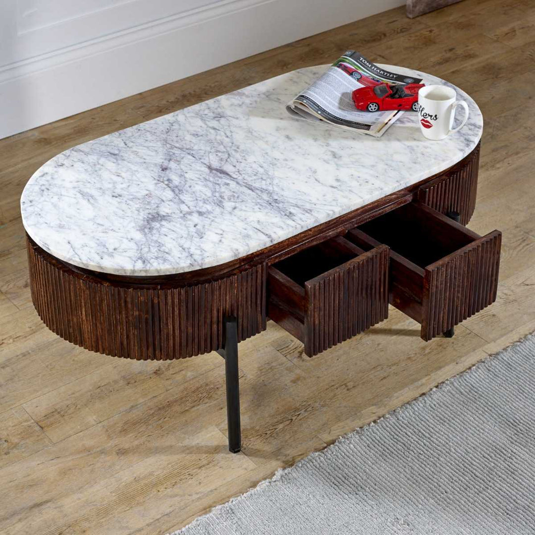 Opal Mango Wood Rectangular Fluted Coffee Table With Marble Top & Metal Legs