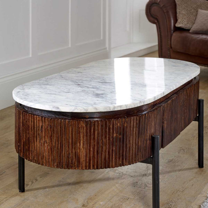 Opal Mango Wood Rectangular Fluted Coffee Table With Marble Top & Metal Legs