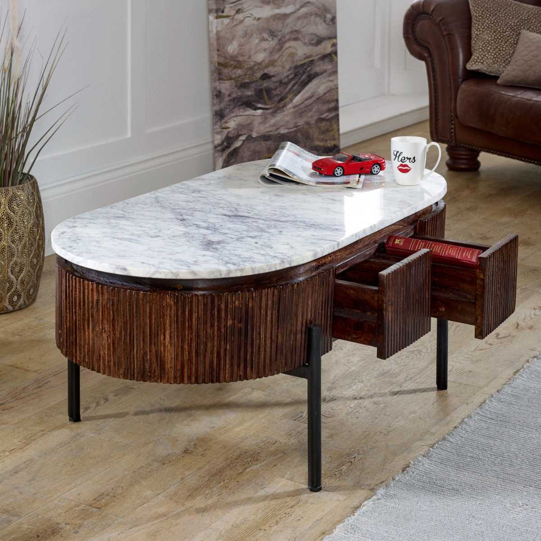 Opal Mango Wood Rectangular Fluted Coffee Table With Marble Top & Metal Legs