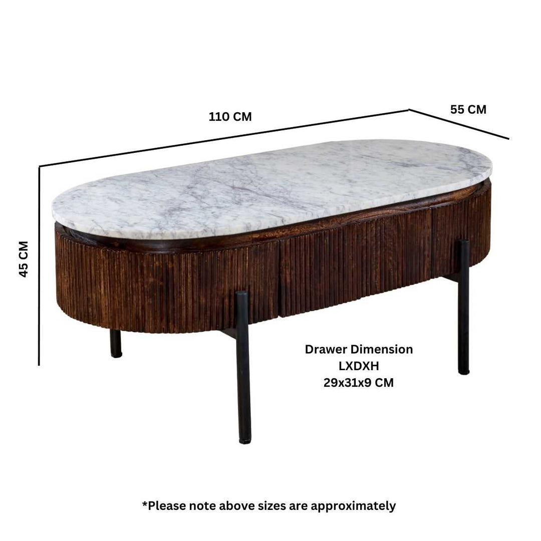 Opal Mango Wood Rectangular Fluted Coffee Table With Marble Top & Metal Legs