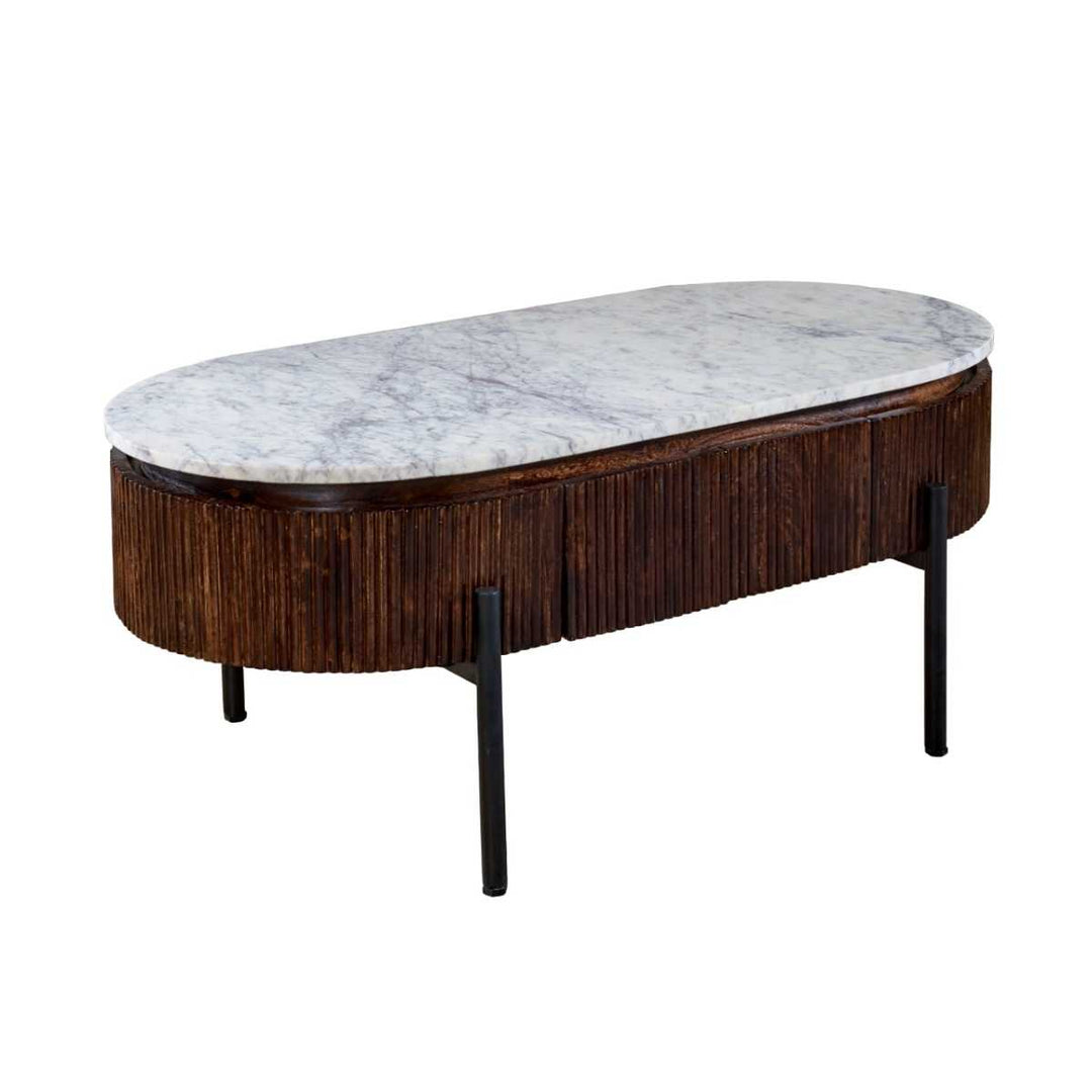 Opal Mango Wood Rectangular Fluted Coffee Table With Marble Top & Metal Legs