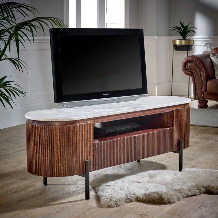 Opal Mango Wood Tv Cabinet With Marble Top & Metal Legs