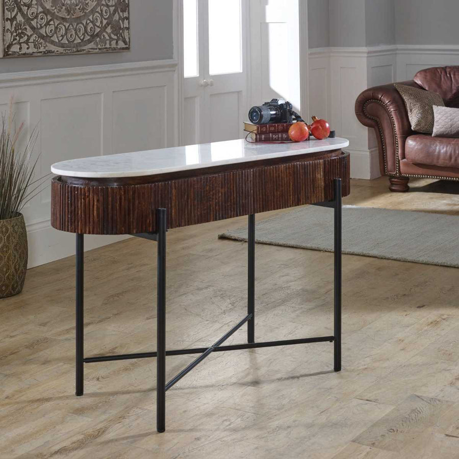 Opal Mango Wood Console Table With Marble Top And Metal Legs