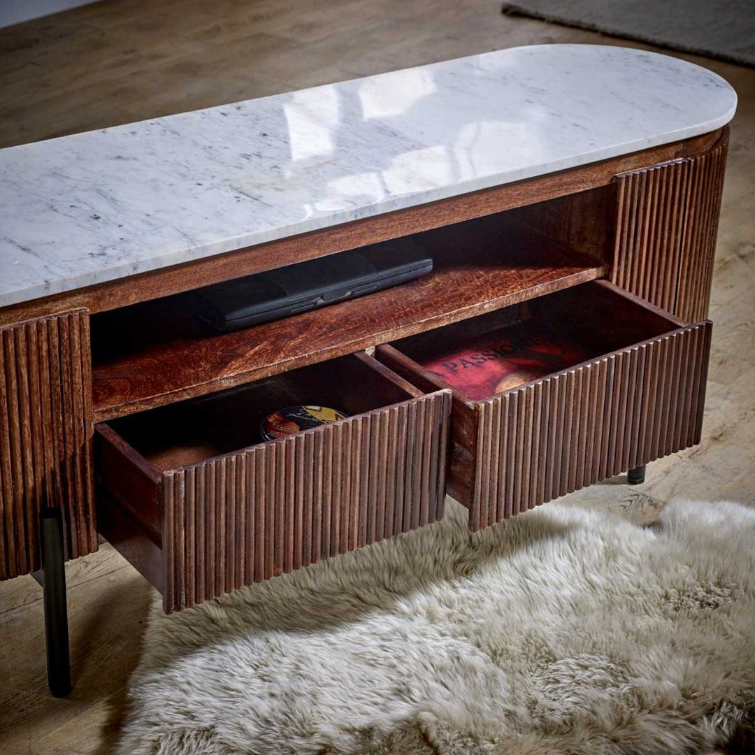 Opal Mango Wood Tv Cabinet With Marble Top & Metal Legs